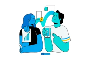Ilustração de casal estudando finanças pessoais